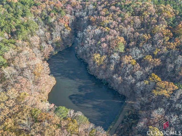 aerial view featuring a view of trees and a water view