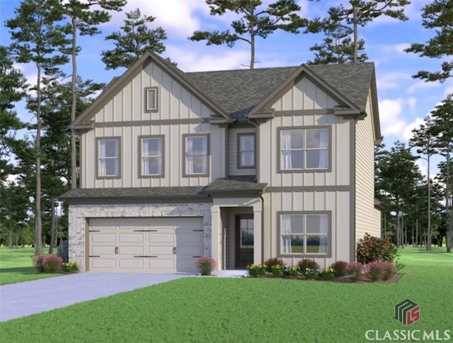 view of front facade featuring a garage, a front lawn, concrete driveway, and board and batten siding