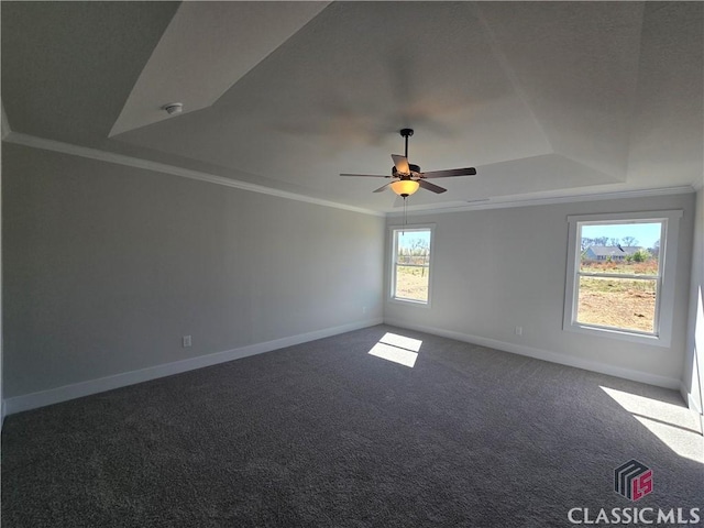 unfurnished room with a tray ceiling, baseboards, carpet flooring, and crown molding