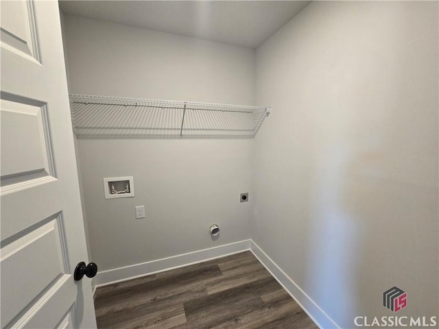 washroom featuring baseboards, laundry area, hookup for a washing machine, hookup for an electric dryer, and dark wood-style flooring