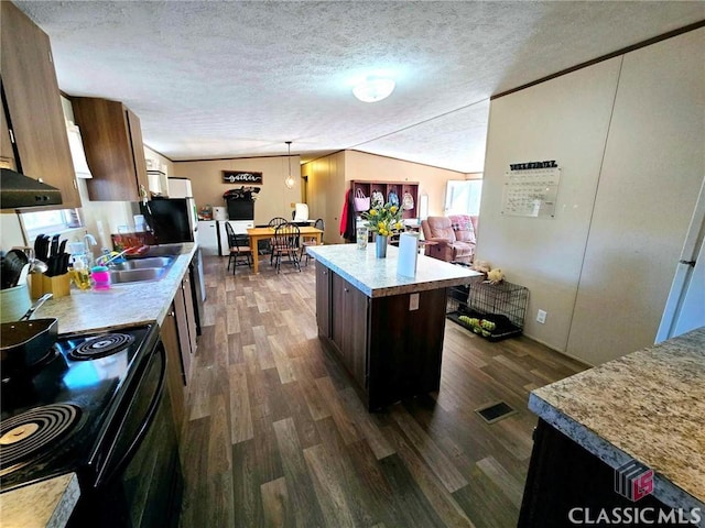 305 Langford Carey Rd, Danielsville, GA 30633 - kitchen featuring black range with electric cooktop, a textured ceiling, a sink, range hood, and dark wood-style flooring