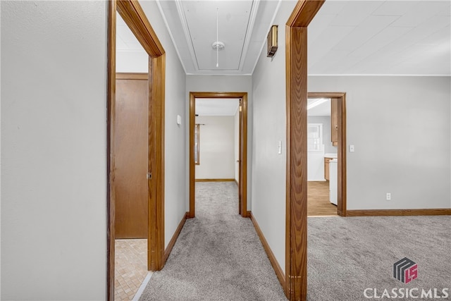 hallway featuring baseboards, attic access, and carpet flooring