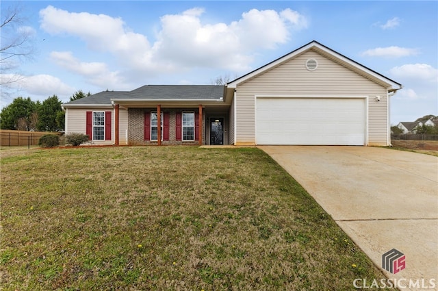 ranch-style home featuring brick siding, fence, concrete driveway, a front yard, and an attached garage