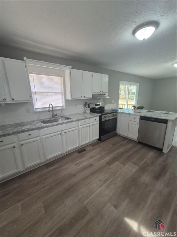 kitchen with a sink, white cabinets, dark wood-style floors, and stainless steel appliances