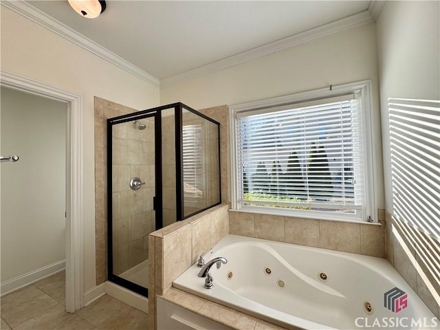 full bath with a stall shower, ornamental molding, a whirlpool tub, and tile patterned flooring