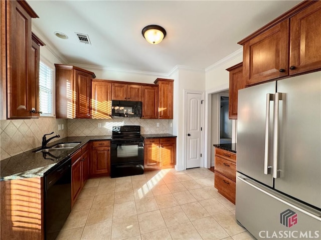 kitchen featuring black appliances, ornamental molding, a sink, tasteful backsplash, and light tile patterned floors