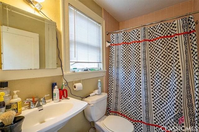 bathroom featuring a shower stall, toilet, and a sink