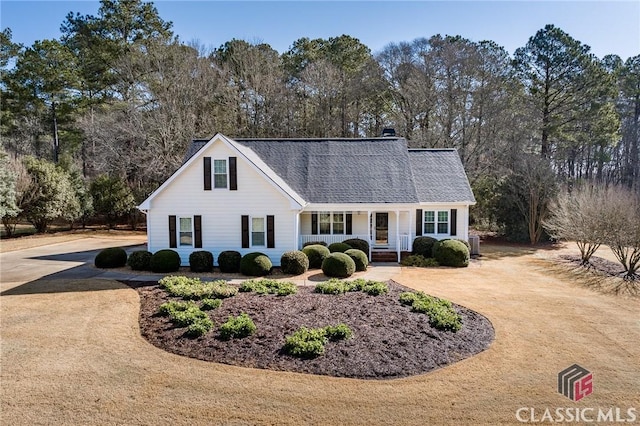 view of front of property featuring curved driveway and roof with shingles