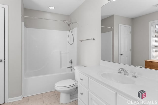 bathroom with visible vents, toilet, washtub / shower combination, tile patterned flooring, and vanity