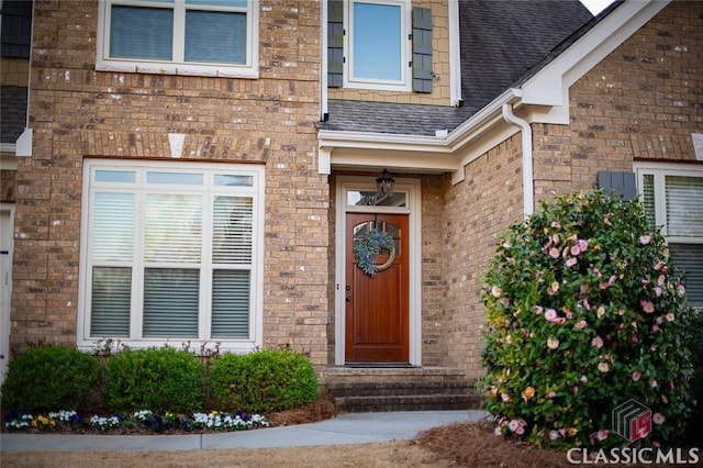 doorway to property with brick siding and roof with shingles