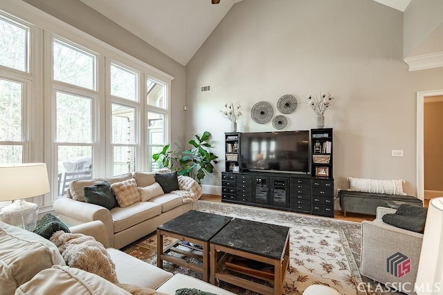 living area featuring wood finished floors, visible vents, and high vaulted ceiling