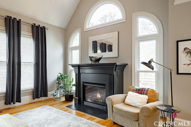 sitting room with a glass covered fireplace, lofted ceiling, and wood finished floors