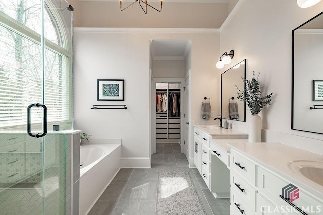 bathroom with vanity, a shower stall, a wealth of natural light, and ornamental molding