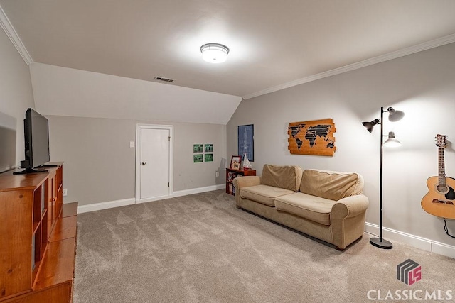 carpeted living room featuring visible vents, baseboards, lofted ceiling, and ornamental molding