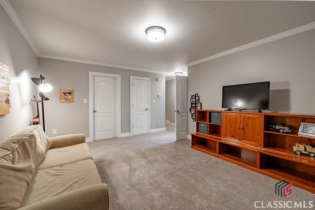 living room with crown molding, light colored carpet, and baseboards