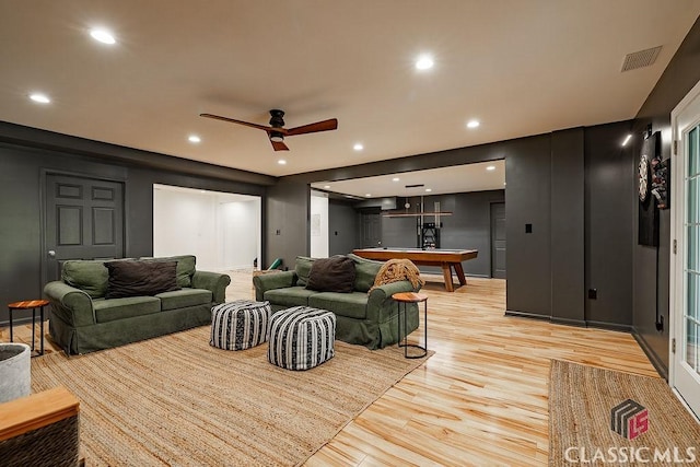 living room featuring light wood-type flooring, visible vents, recessed lighting, pool table, and ceiling fan