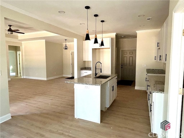2850 Caboose Ct, Greensboro, GA 30642 - kitchen featuring crown molding, a sink, baseboards, and white cabinetry