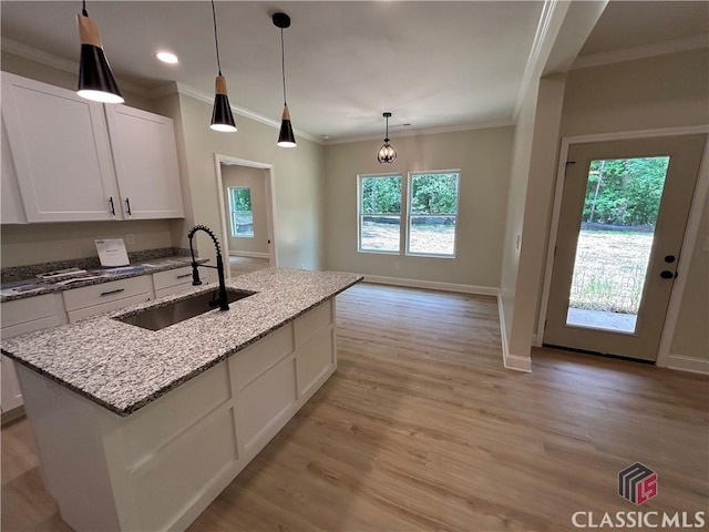 2850 Caboose Ct, Greensboro, GA 30642 - kitchen with light stone countertops, a sink, light wood finished floors, white cabinetry, and ornamental molding