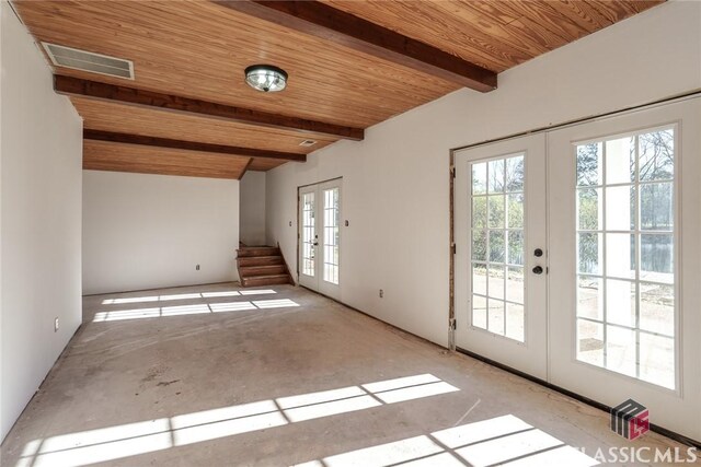1050 Eugene Ln, Madison, GA 30650 - doorway featuring french doors, wood ceiling, beamed ceiling, and visible vents