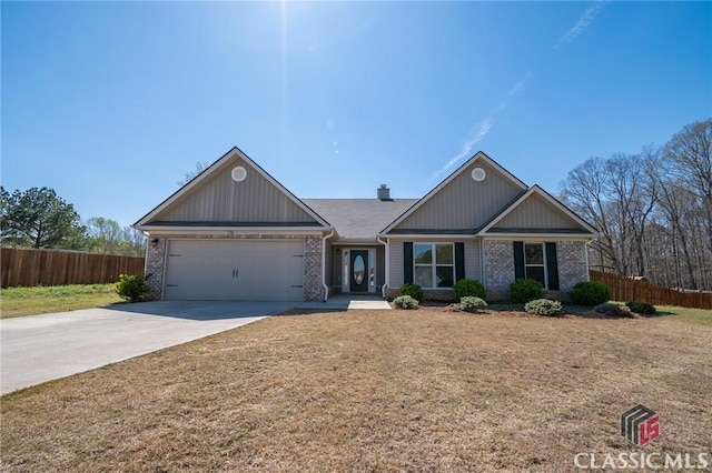 view of front of house featuring brick siding, concrete driveway, fence, and an attached garage