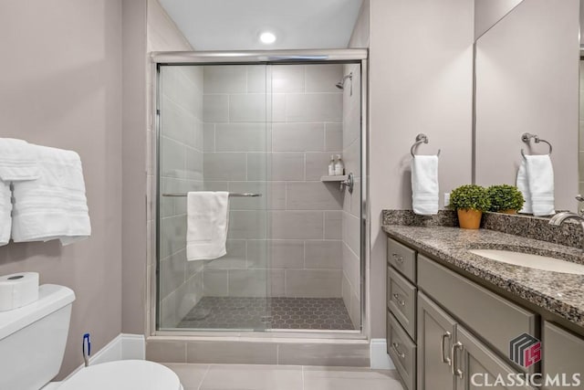 bathroom with a stall shower, toilet, and vanity