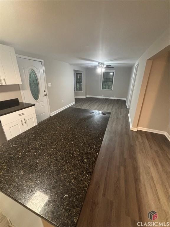 626 Vine St, Athens, GA 30601 - unfurnished living room featuring baseboards, a ceiling fan, and dark wood finished floors