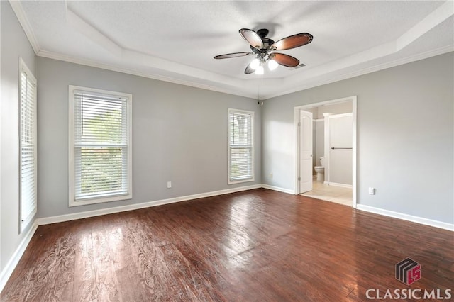 spare room featuring a tray ceiling, ceiling fan, and a healthy amount of sunlight