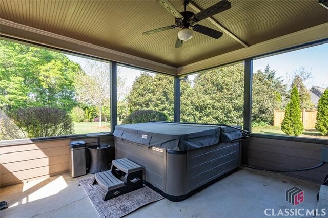 1296 Club Estates Rd, Statham, GA 30666 - sunroom with ceiling fan and a hot tub