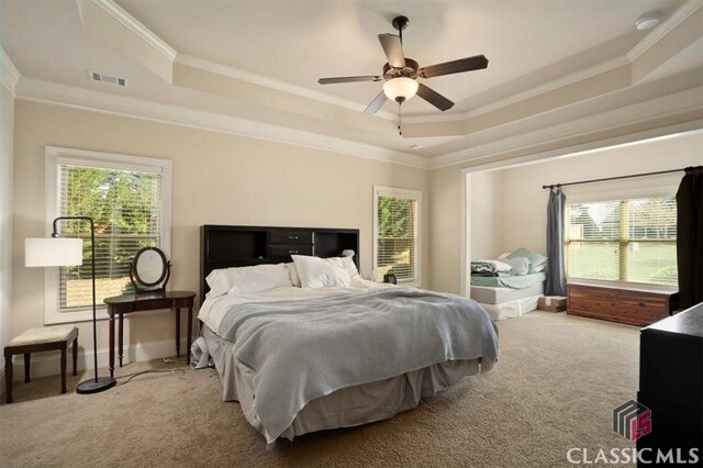 1296 Club Estates Rd, Statham, GA 30666 - bedroom with a tray ceiling, carpet flooring, ornamental molding, and visible vents