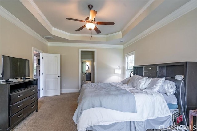 1296 Club Estates Rd, Statham, GA 30666 - bedroom with visible vents, baseboards, crown molding, a tray ceiling, and light carpet