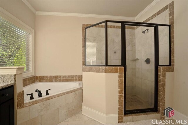 1296 Club Estates Rd, Statham, GA 30666 - full bath with crown molding, a shower stall, vanity, and a garden tub