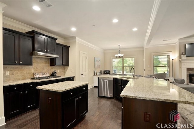 1296 Club Estates Rd, Statham, GA 30666 - kitchen with an inviting chandelier, visible vents, a large island, appliances with stainless steel finishes, and a sink