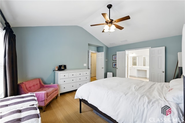 340 Hammersmith Dr, Suwanee, GA 30024 - bedroom featuring vaulted ceiling, light wood finished floors, a ceiling fan, and connected bathroom