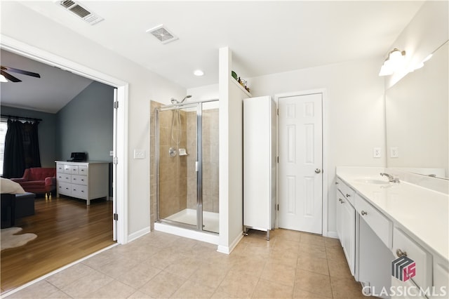 340 Hammersmith Dr, Suwanee, GA 30024 - full bathroom featuring vanity, a shower stall, tile patterned floors, baseboards, and recessed lighting