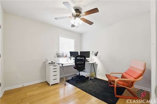 340 Hammersmith Dr, Suwanee, GA 30024 - home office featuring light wood-style flooring, ceiling fan, and baseboards