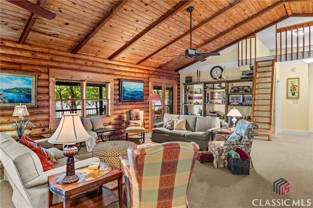 carpeted living area with high vaulted ceiling, beamed ceiling, ceiling fan, wood ceiling, and rustic walls