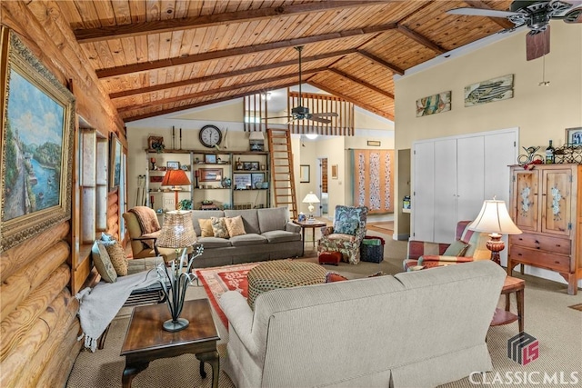 living area featuring wood ceiling, a ceiling fan, and carpet floors