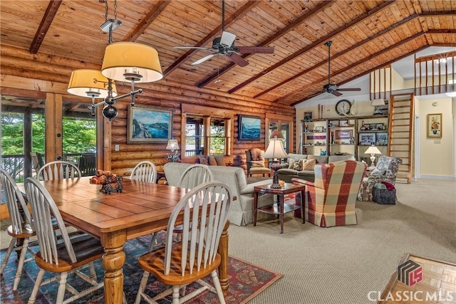 carpeted dining space featuring beam ceiling, high vaulted ceiling, a ceiling fan, and wood ceiling