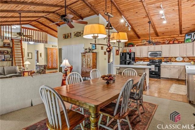 dining room with wood ceiling, ceiling fan, and rail lighting