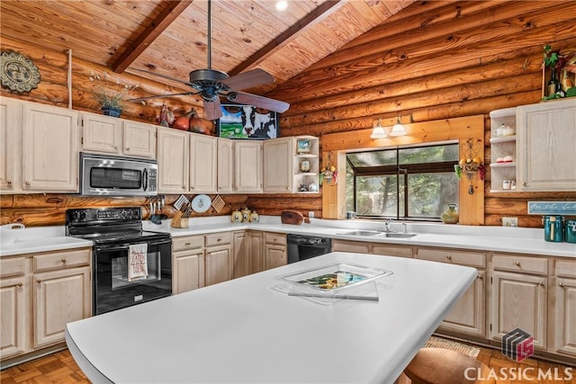 kitchen with a sink, wood ceiling, black appliances, and open shelves