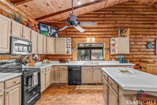 kitchen with open shelves, wooden ceiling, a sink, light countertops, and black appliances