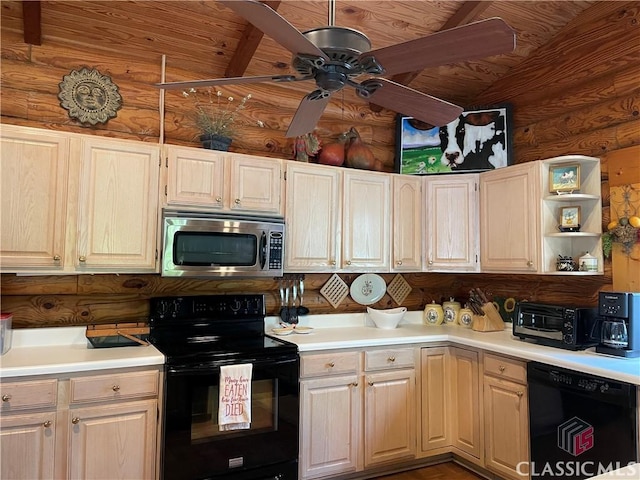 kitchen with a toaster, light countertops, a ceiling fan, black appliances, and wooden ceiling