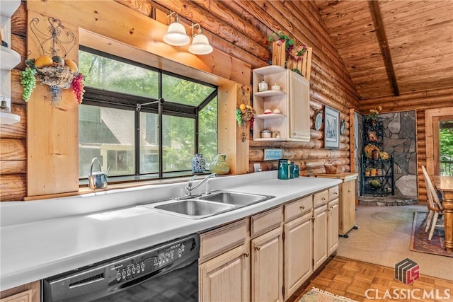 kitchen featuring log walls, wooden ceiling, black dishwasher, a sink, and vaulted ceiling