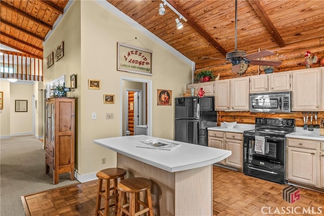 kitchen featuring high vaulted ceiling, track lighting, black appliances, wooden ceiling, and baseboards