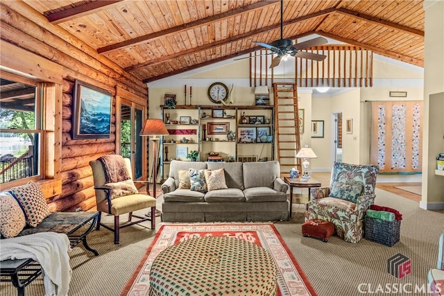 carpeted living room with baseboards, beamed ceiling, wood ceiling, and a ceiling fan