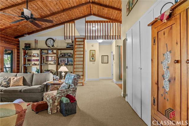 living area featuring ceiling fan, lofted ceiling with beams, light colored carpet, wood ceiling, and baseboards
