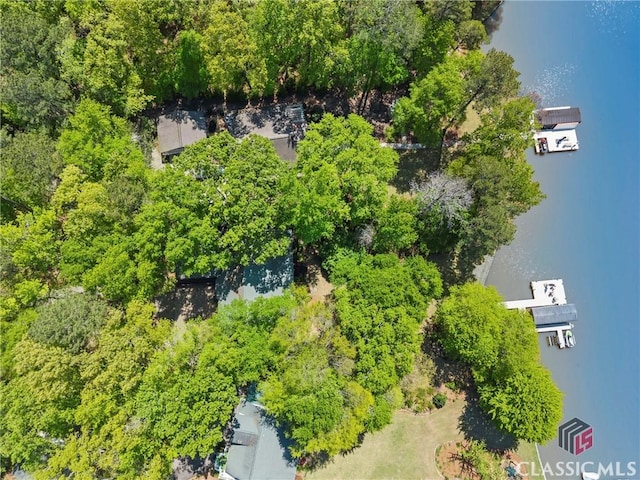 drone / aerial view with a water view