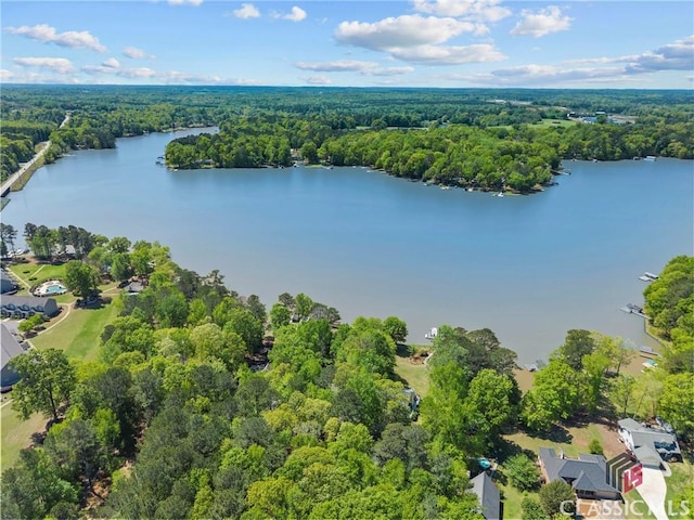 birds eye view of property with a forest view and a water view