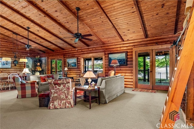 carpeted living room with log walls, wood ceiling, and a healthy amount of sunlight