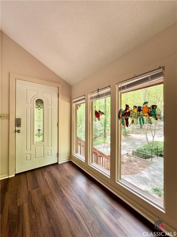 entrance foyer with lofted ceiling, baseboards, and dark wood-style flooring